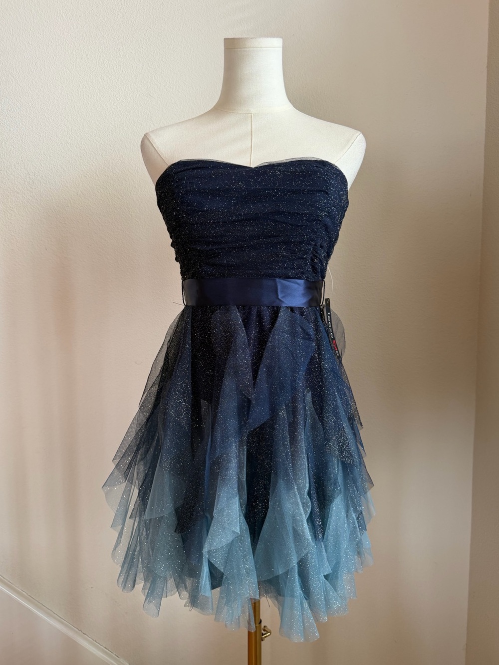 Teeze Me Strapless Navy to Light Blue Ombre Glitter Petal Dress